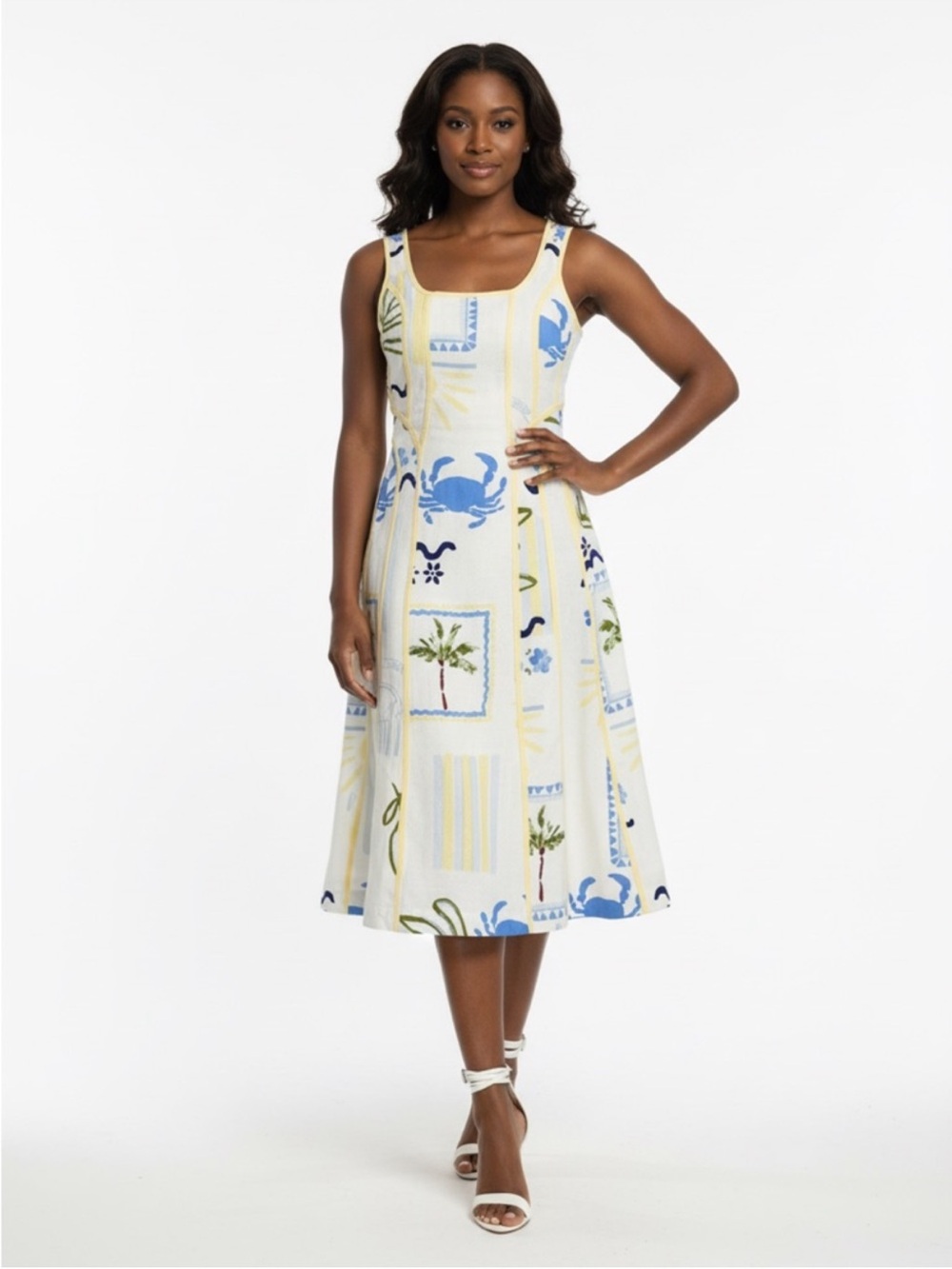 Caroline Constas Floral Bustier Coastal Sun Linen Blend MIDI Dress Yellow NEW
